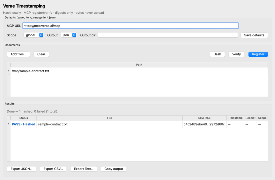 GUI after Hash — blue hashed status and SHA-256