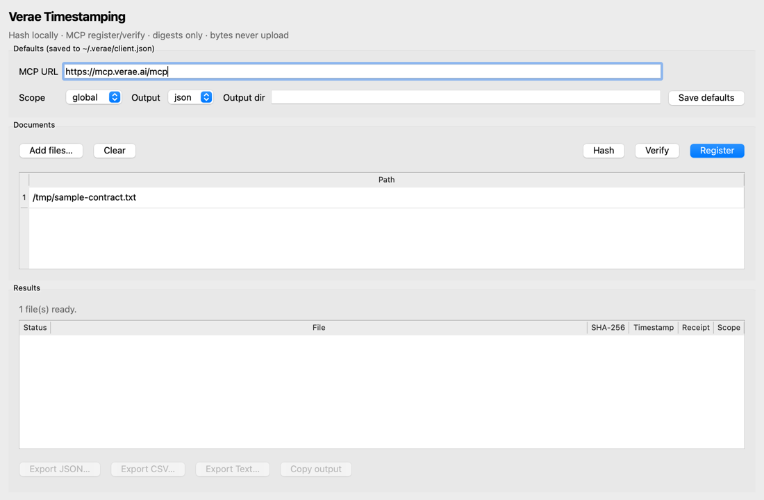Verae Timestamping GUI ready with a sample file added