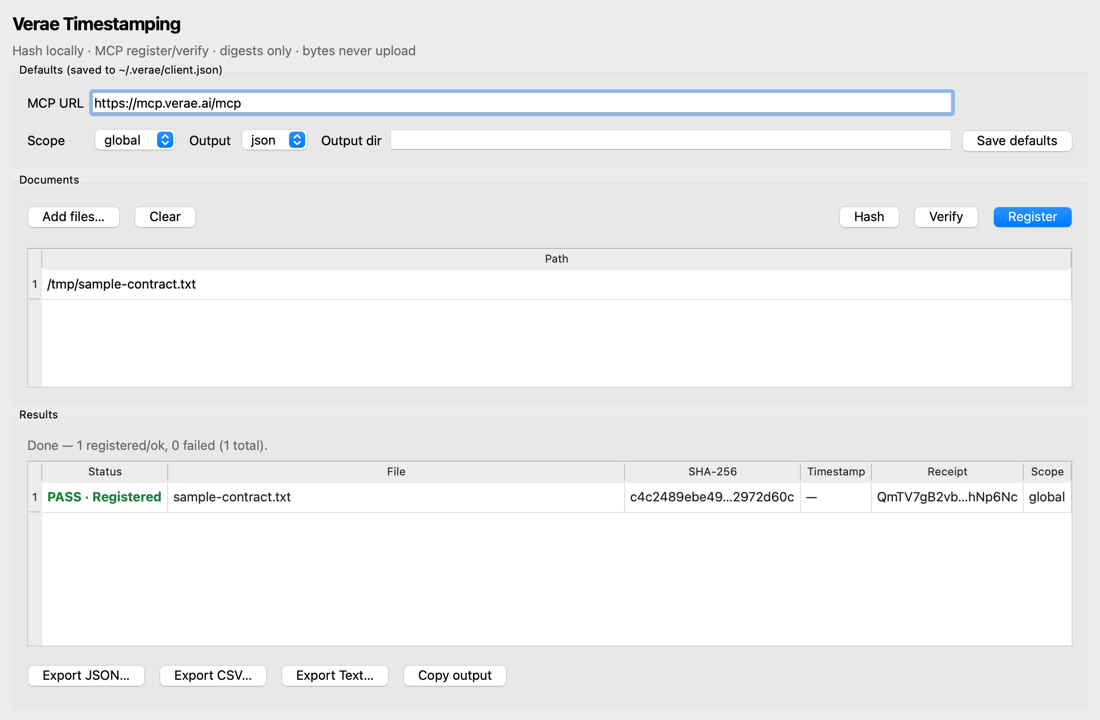 GUI after Register — green PASS Registered with receipt