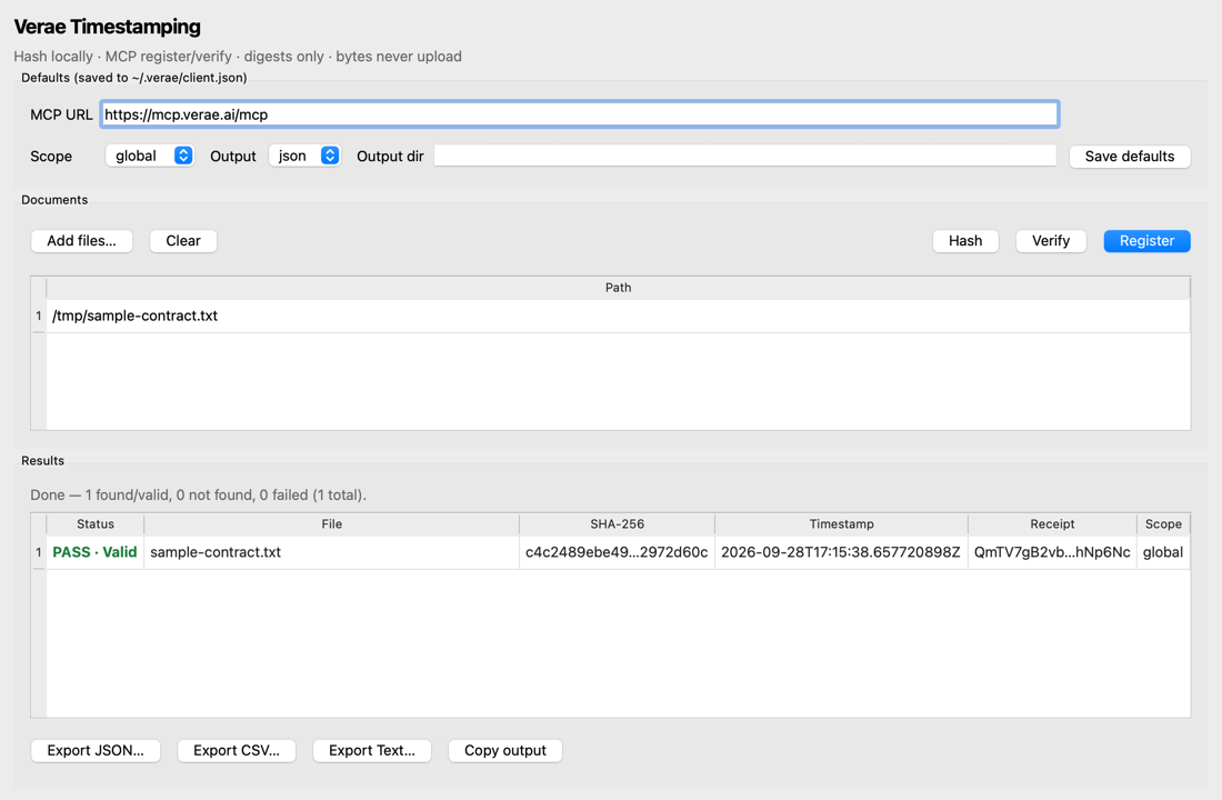 GUI after Verify — green PASS Valid with timestamp and merkle
